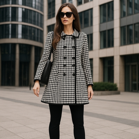 Reference Point Sweaters - Vintage Baby Doll A-line Check Long Cardigan Sweater, Blk/wh, Womens Med